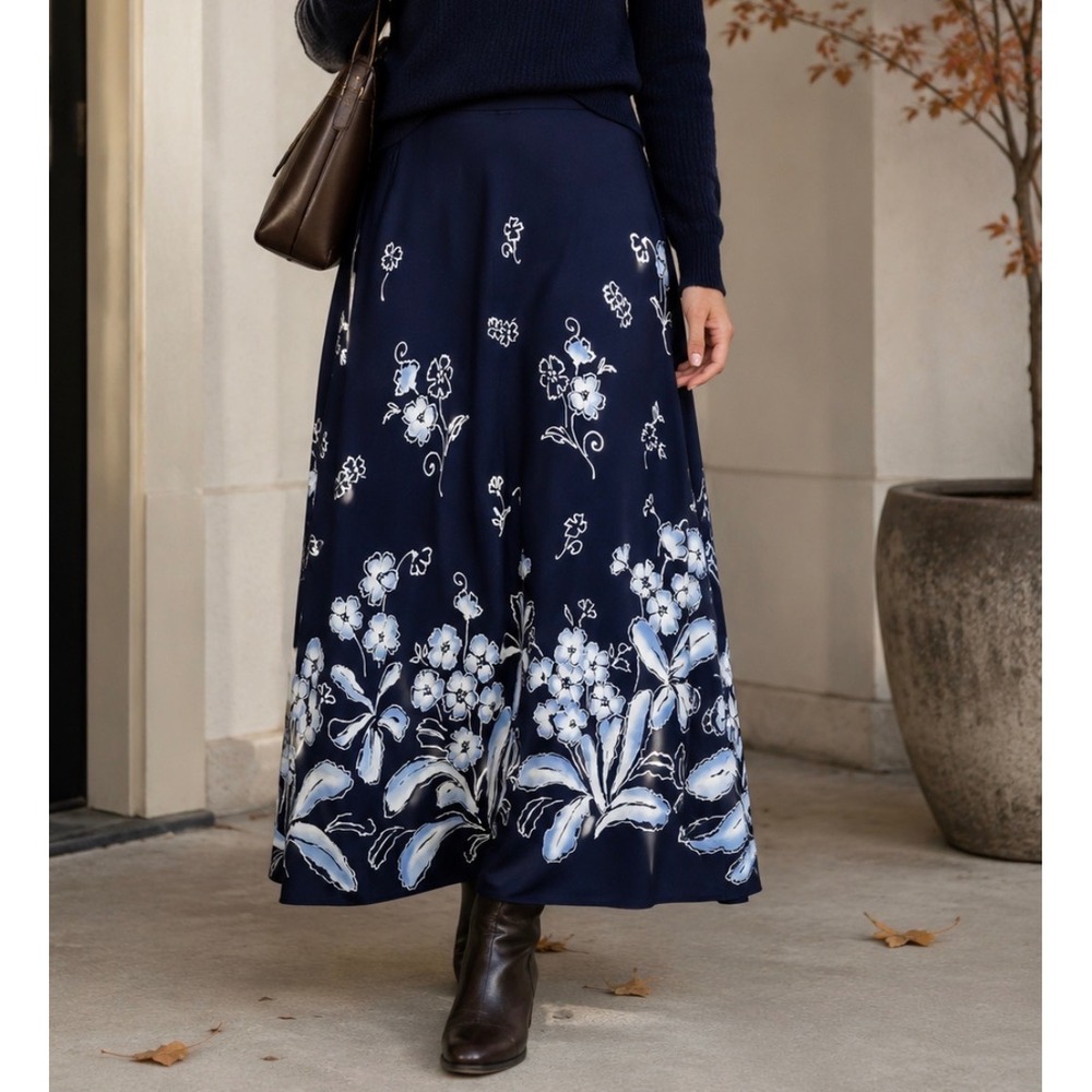 VTG Laura Scott Maxi Skirt Womens 18W Navy Blue Floral Border Print Cottagecore
